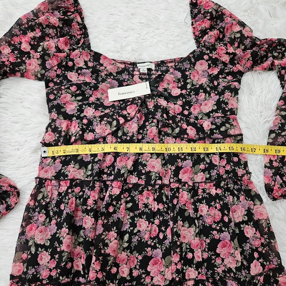 NWT Francesca's Sz L Pink Floral Babydoll Balloon Sleeve Tiered Mini Dress - Picture 9 of 11